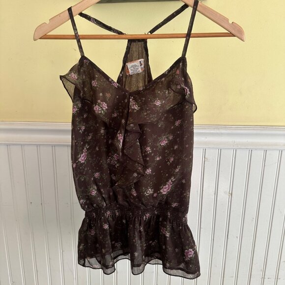 Mudd Tops - y2k cottage core Floral Brown Ruffle Sleeveless top By Mudd Size S